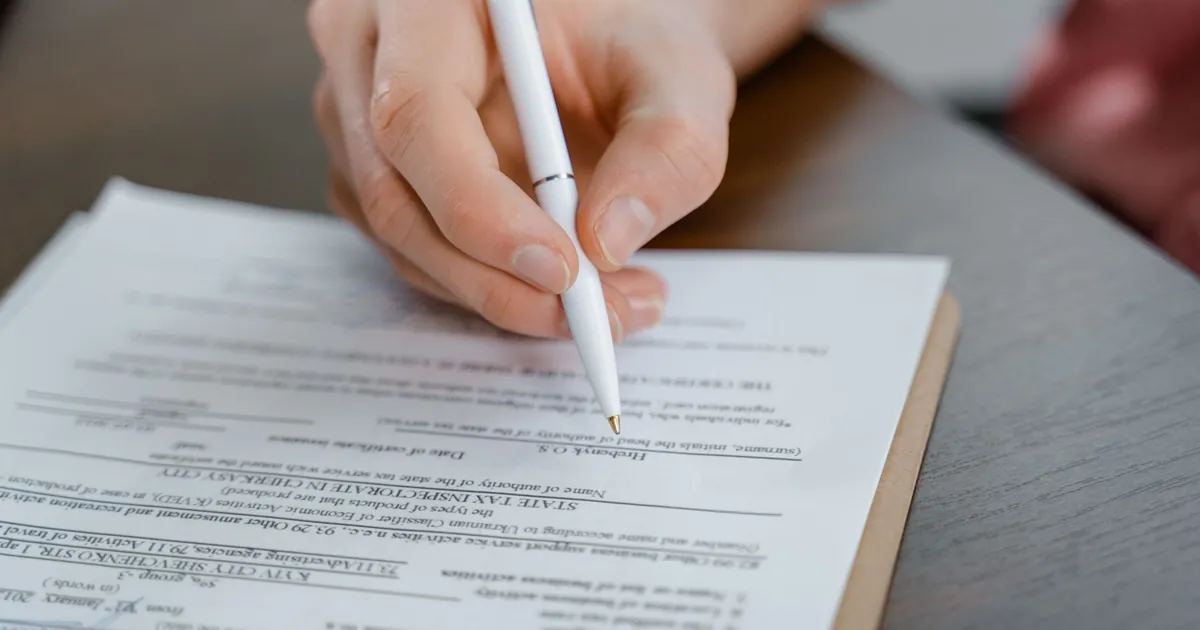 Hands signing a real estate contract at a closing table